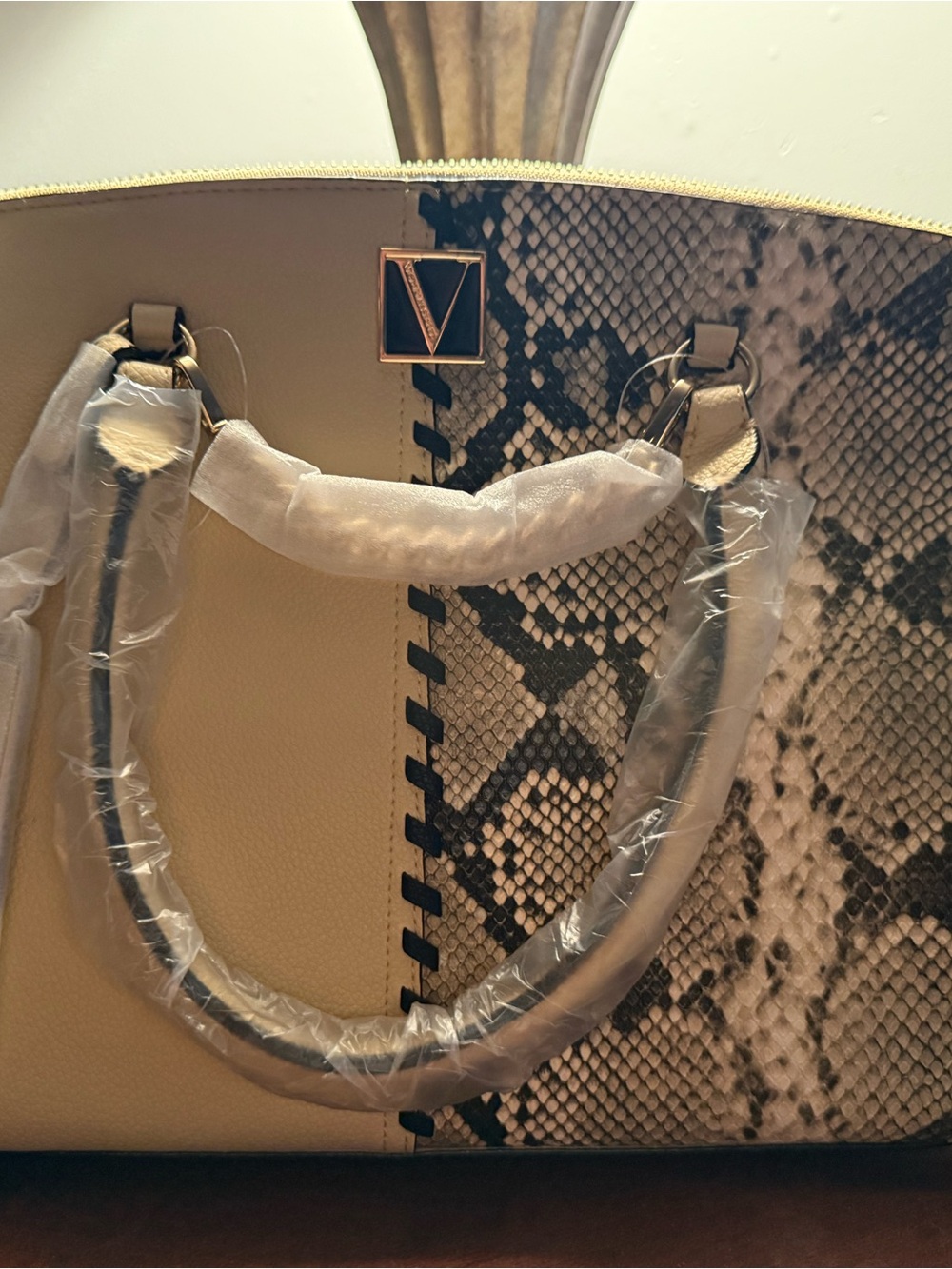 Victoria's Secret Beige and Snake-Print Satchel with Gold Accent
